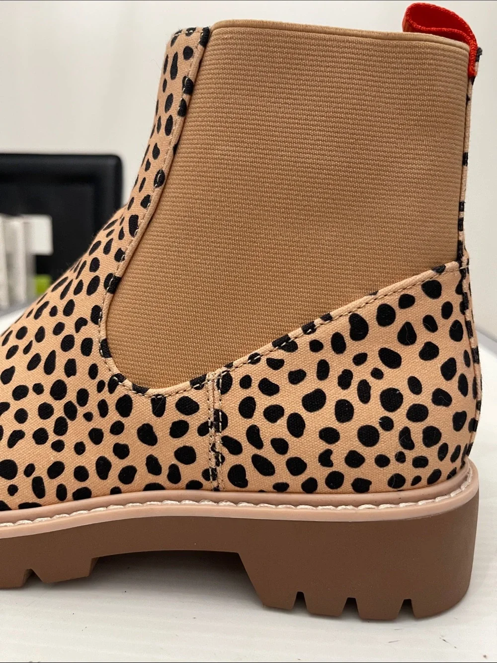 Dolce Vita Leopard Print Chelsea Boot in Tan and Black with Red Pull Tab Women’